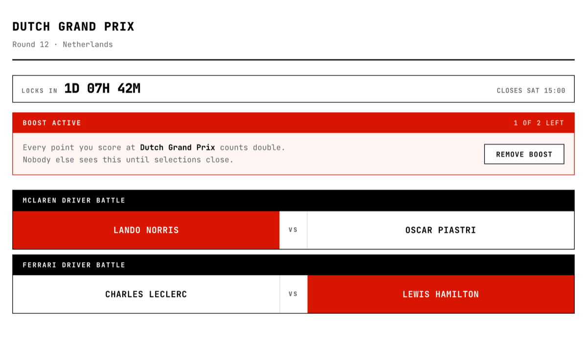 The Picks page showing an active Boost above the driver matchups